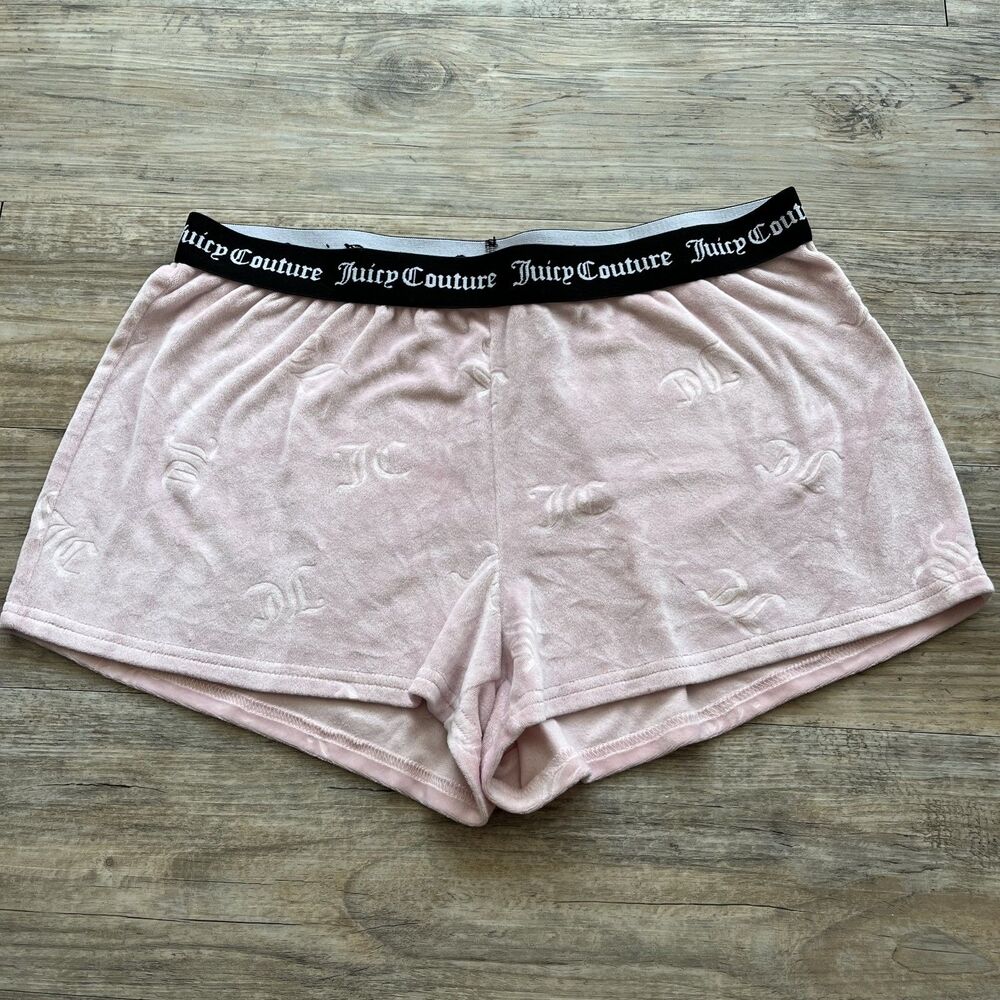 Juicy Couture Shorts Y2K Large Pink Loungeware Fuzzy Soft Glam Black Waistband